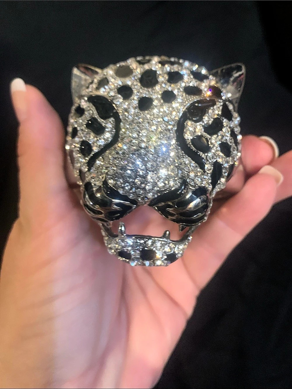 Jeweled Leopard Cuff Bracelet in Silver & Black Like New